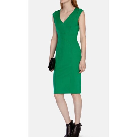 Karen Millen Elegant Bright Green V-Neck Structured Pencil Dress - Size 4 - Picture 4 of 16
